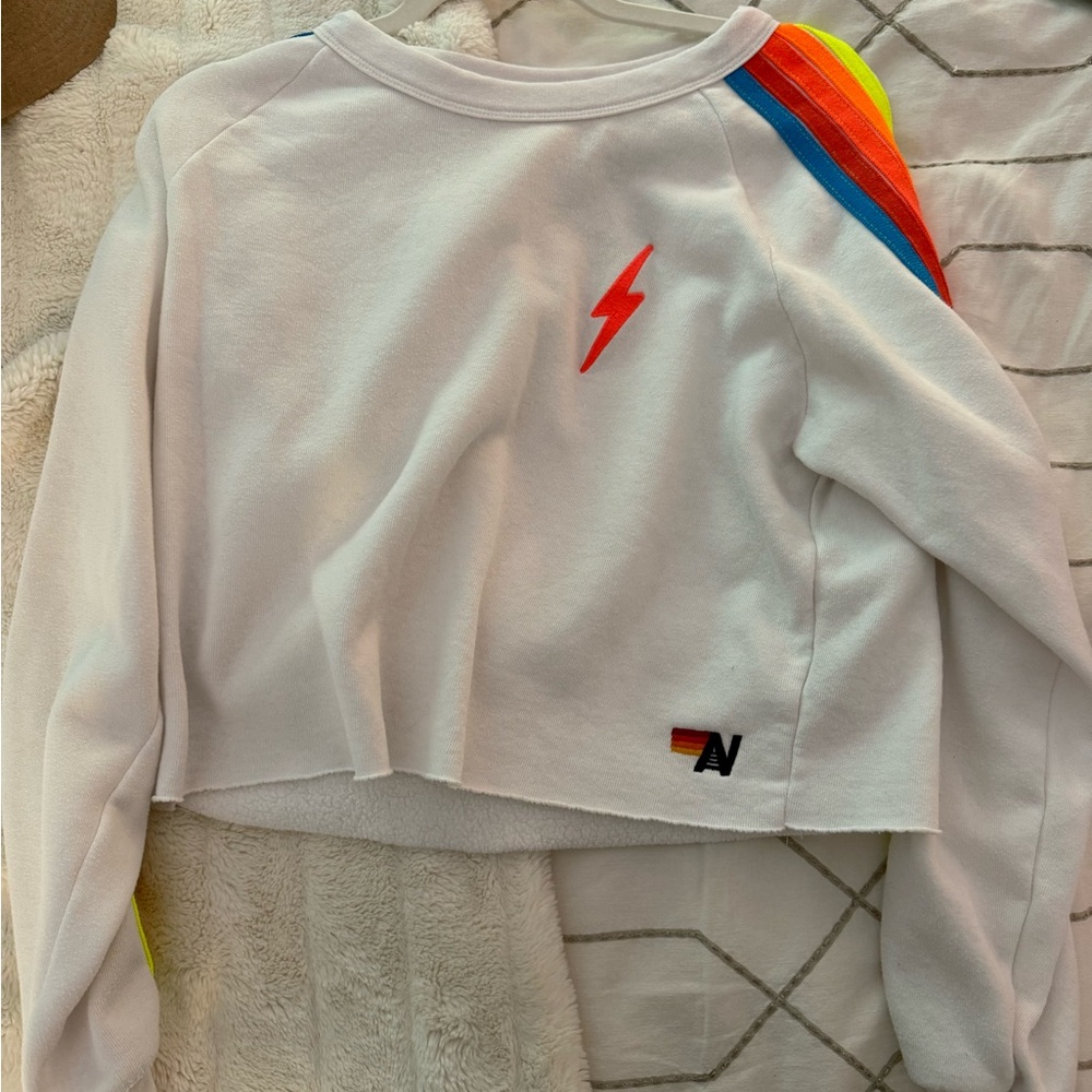 Aviator Nation White Sweatshirt with Rainbow Accents